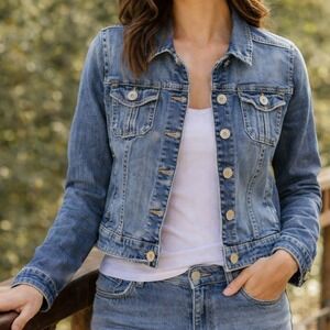Elle Womens Blue Denim Jacket Medium Wash Button Front Jean Jacket Size S